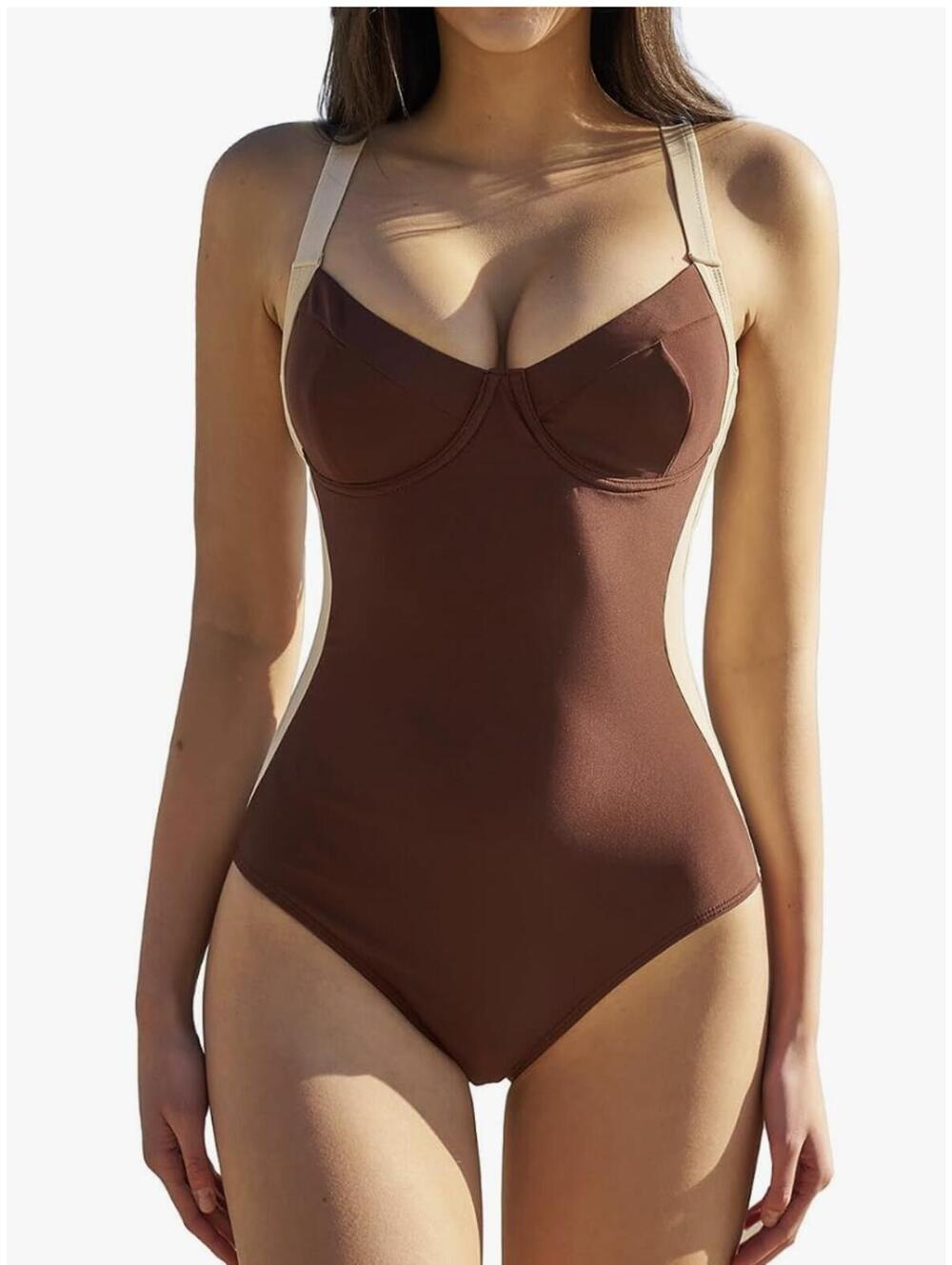 EOMENIE Women's Brown Ivory Color Block One-Piece Adjustable Straps Lace-Up Back